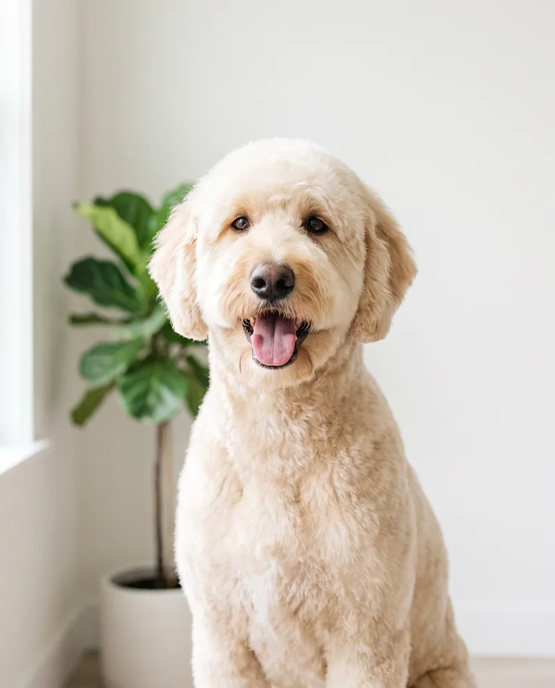 Freshly groomed Goldendoodle portrait