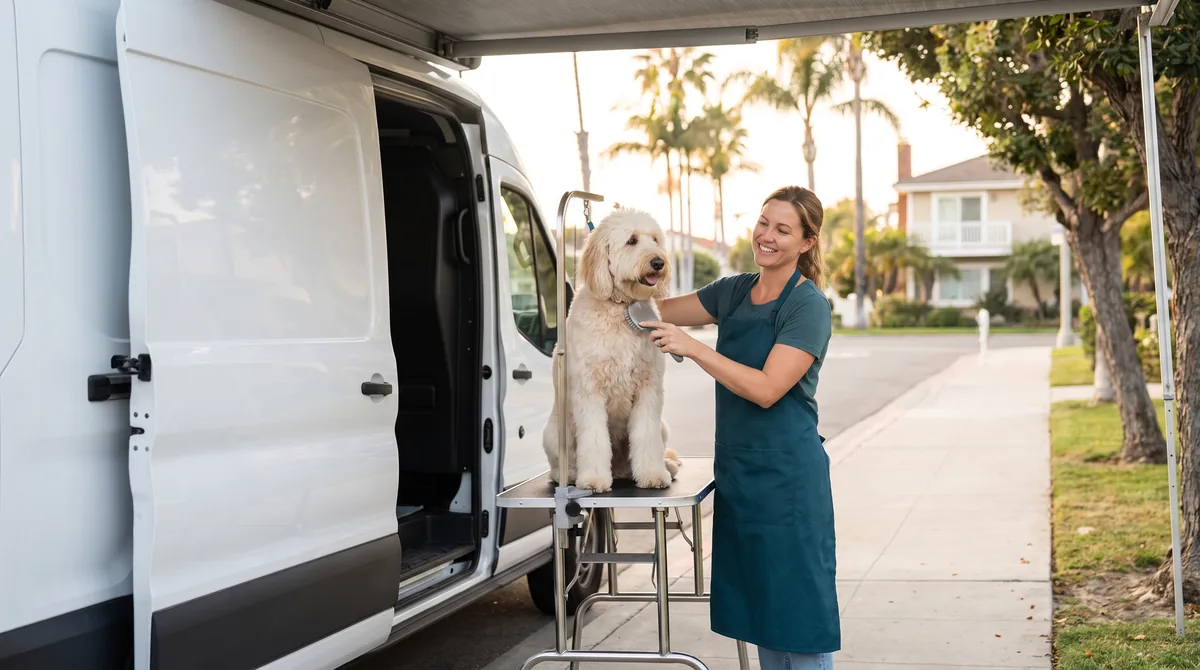 A groomer brushing a happy goldendoodle at the open side door of the van