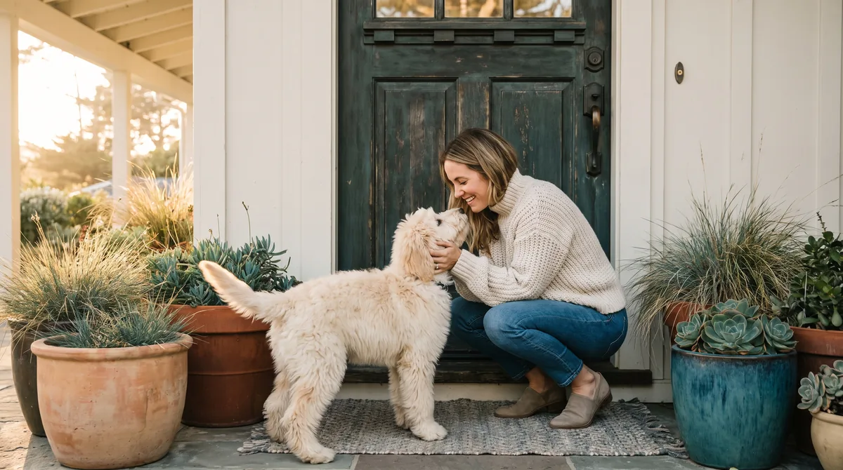 A woman greeting her fluffy, freshly groomed goldendoodle at her front door