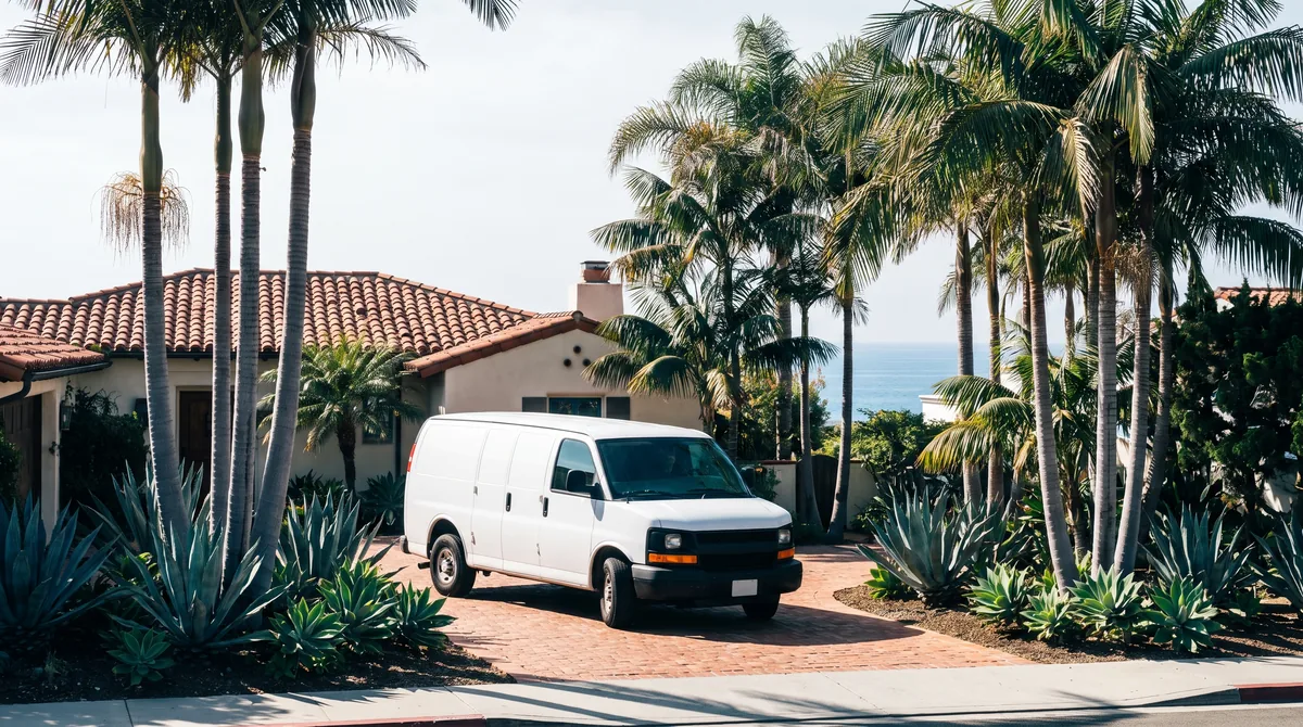The white grooming van pulling into a Newport Beach driveway between palms