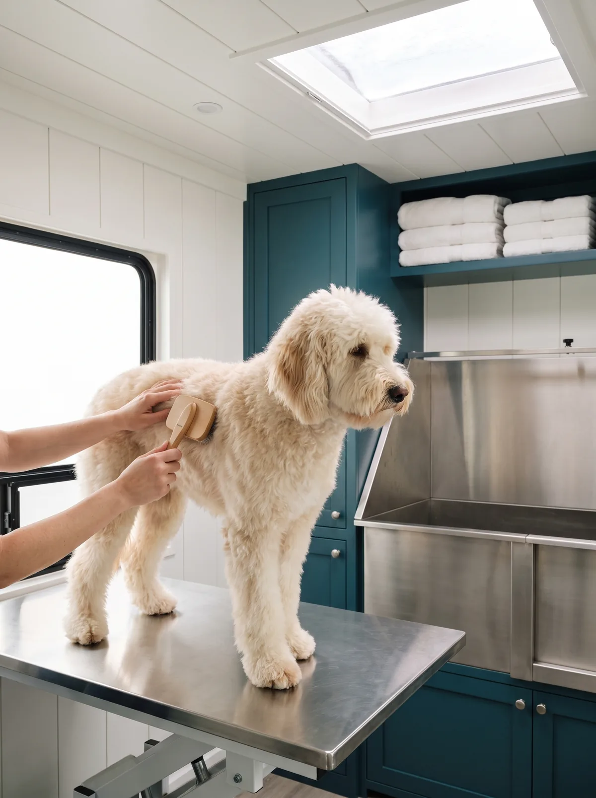 Inside the grooming van: a cream goldendoodle on the stainless table while the groomer brushes its coat