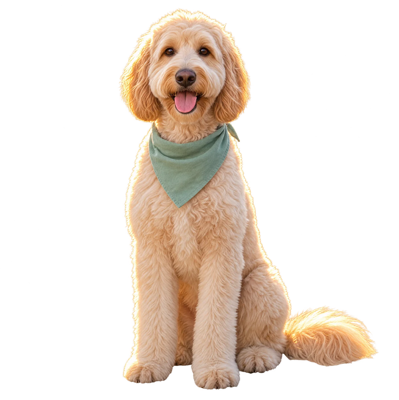 A freshly groomed cream goldendoodle in a sea-glass bandana sitting on the curb
