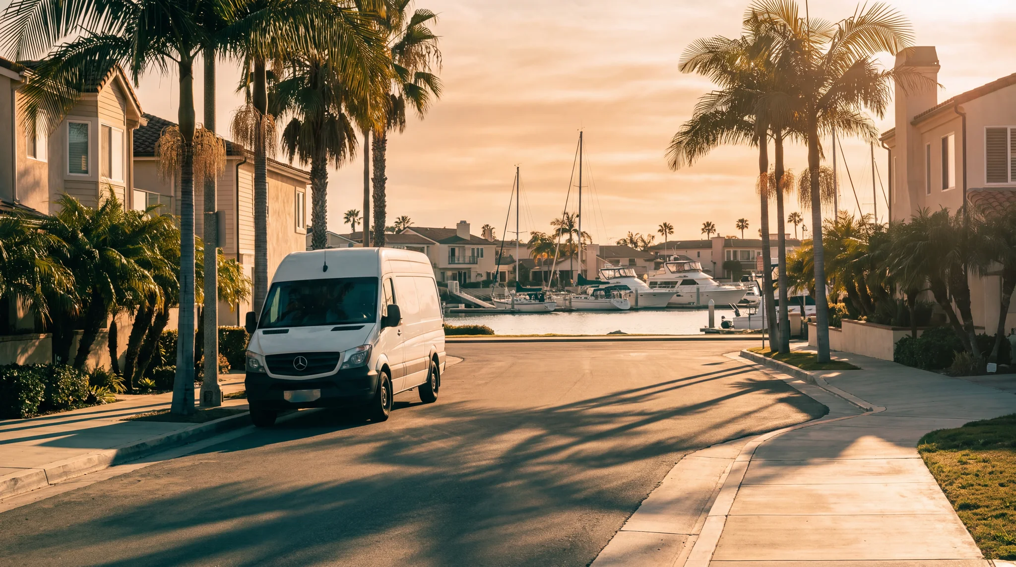 A quiet Newport Beach street at golden hour with a white grooming van parked at the curb and harbor water behind the palms