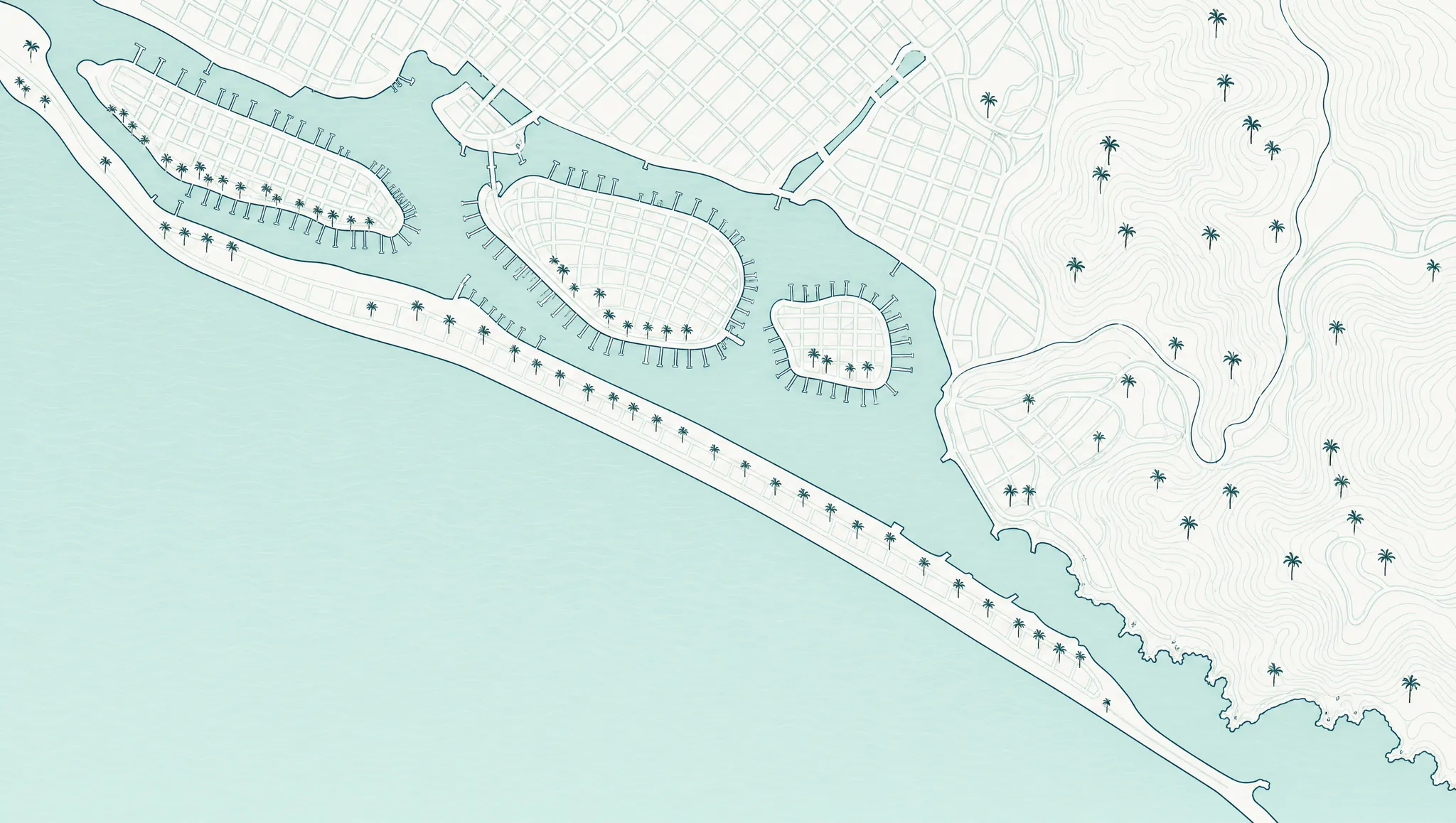 Illustrated map of Newport Beach harbor: the peninsula, Balboa Island, Lido Isle, Corona del Mar and Newport Coast